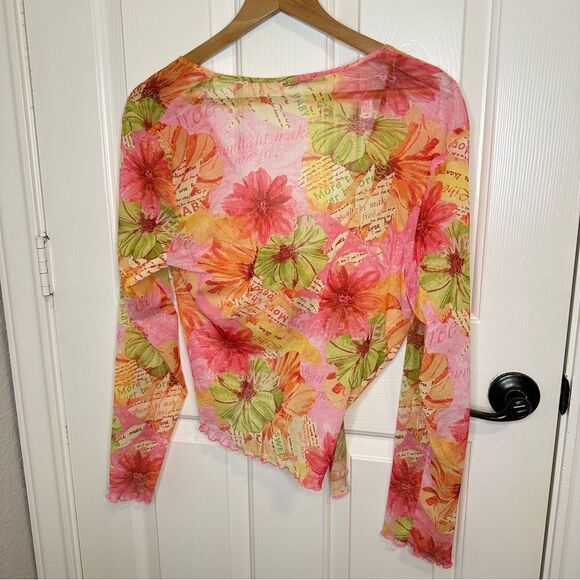Y2K SNO SKINS Pink Orange Green Floral Micro Mesh Ruffle Shrug Wrap Top Sz XL - Picture 3 of 9